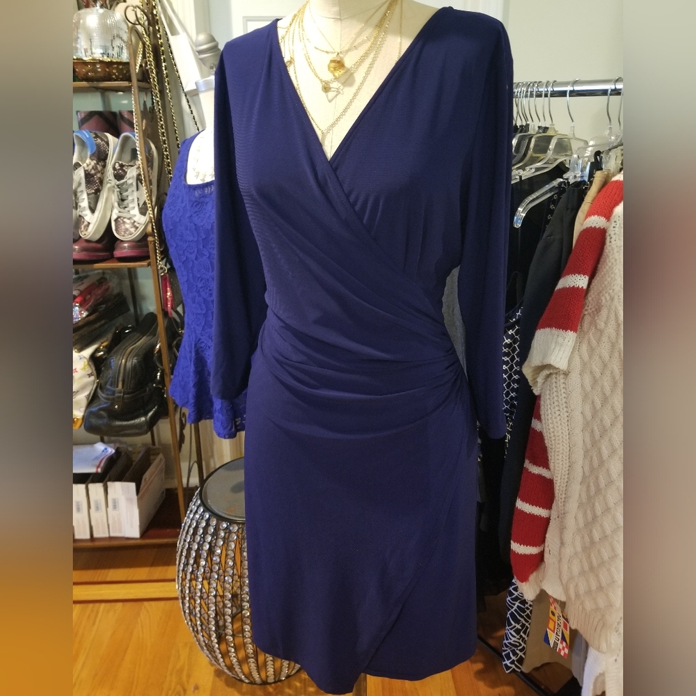 Dress Midnight Blue NWT size L Midi, Pearl & Rhinestone Embellishments On Sleeve